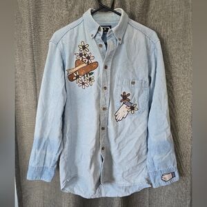 Three Rivers Vtg 90s Embroidered Gardening Denim Chambray Button Down Top Size S